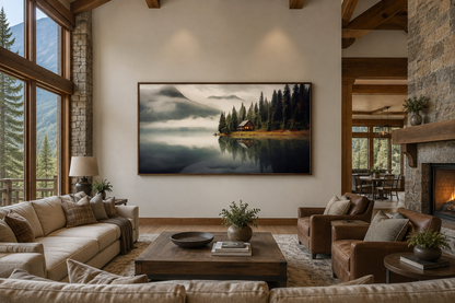 Mountain Cabin On The Lake Large Summer Landscape Framed Wall Art