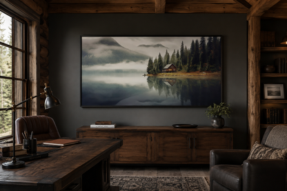 Mountain Cabin On The Lake Large Summer Landscape Framed Wall Art