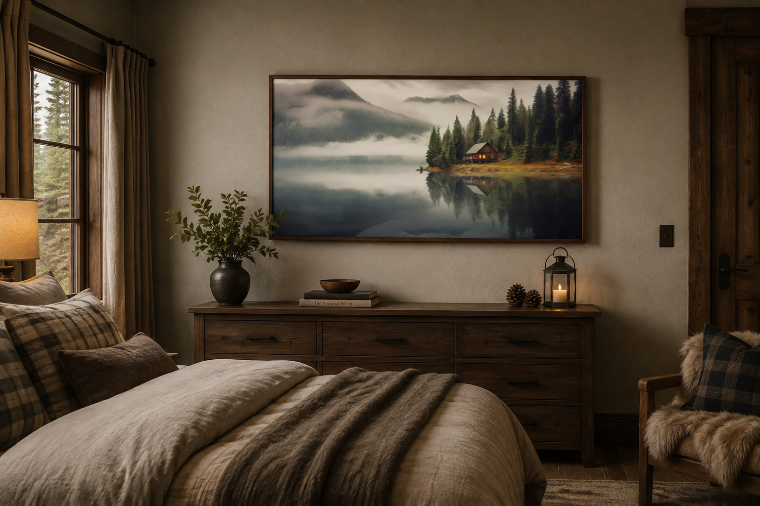 Mountain Cabin On The Lake Large Summer Landscape Framed Wall Art