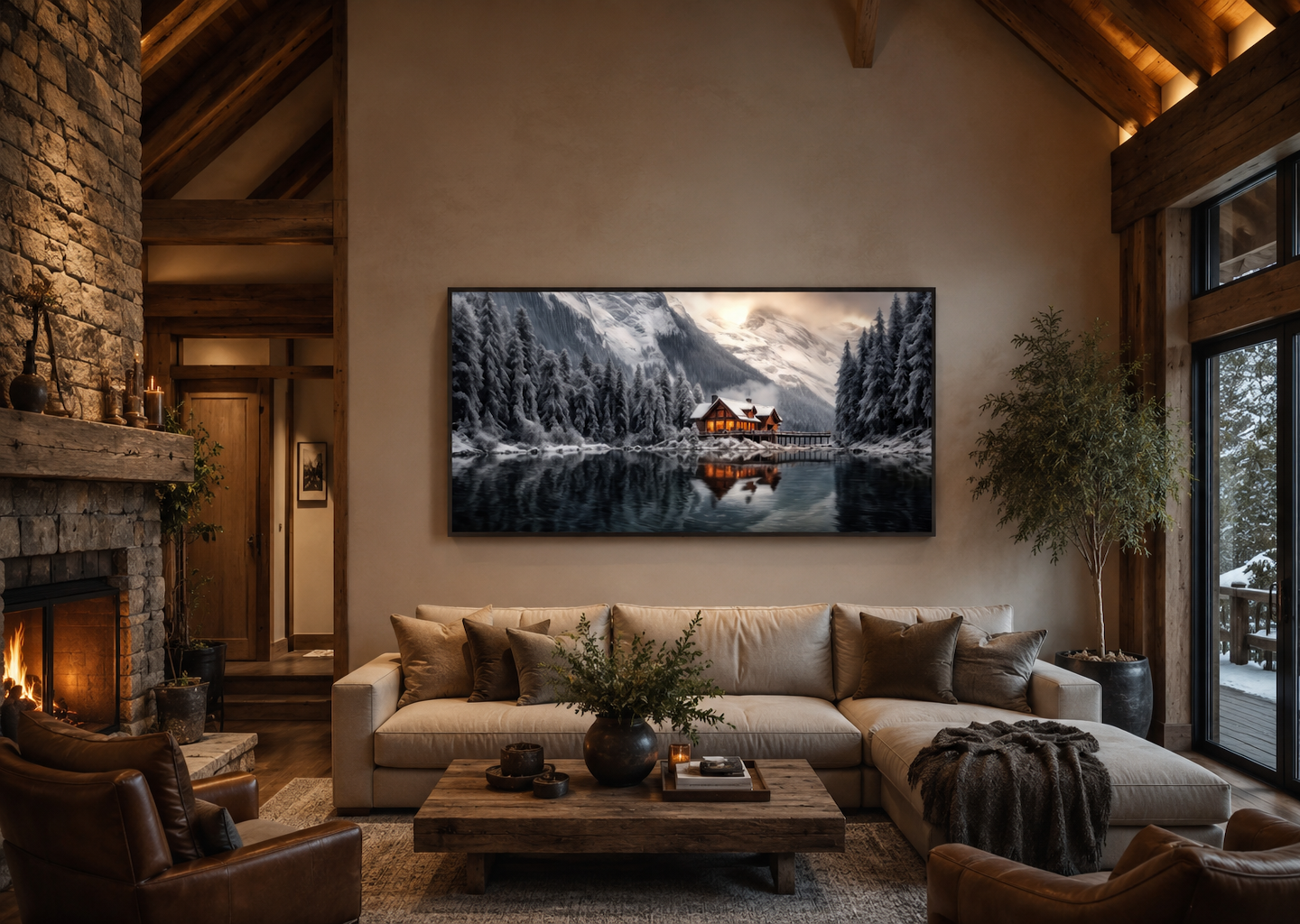 Mountain Cabin Wall Art – Cozy Winter Cabin Print | Framed Canvas Decor