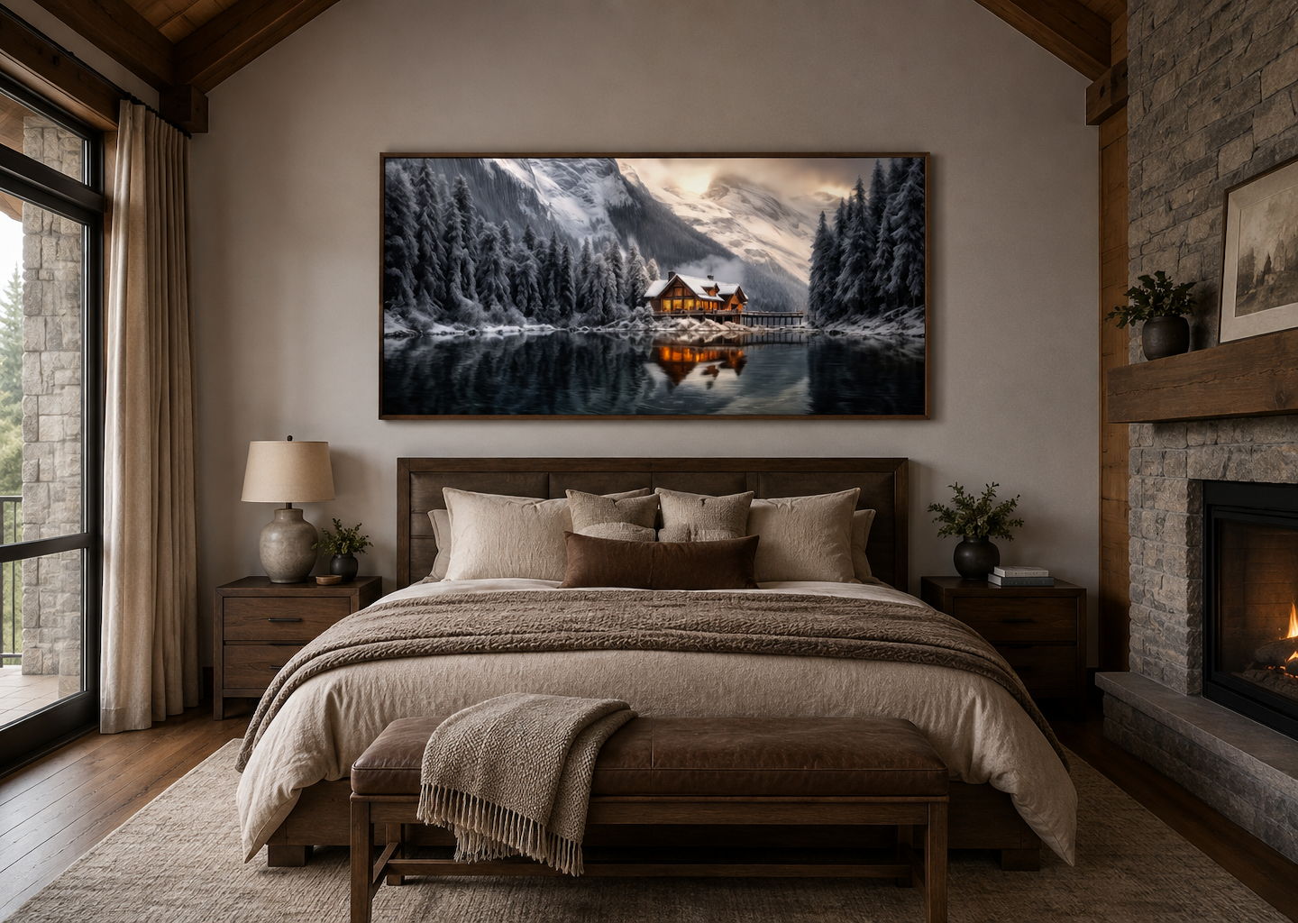Mountain Cabin Wall Art – Cozy Winter Cabin Print | Framed Canvas Decor