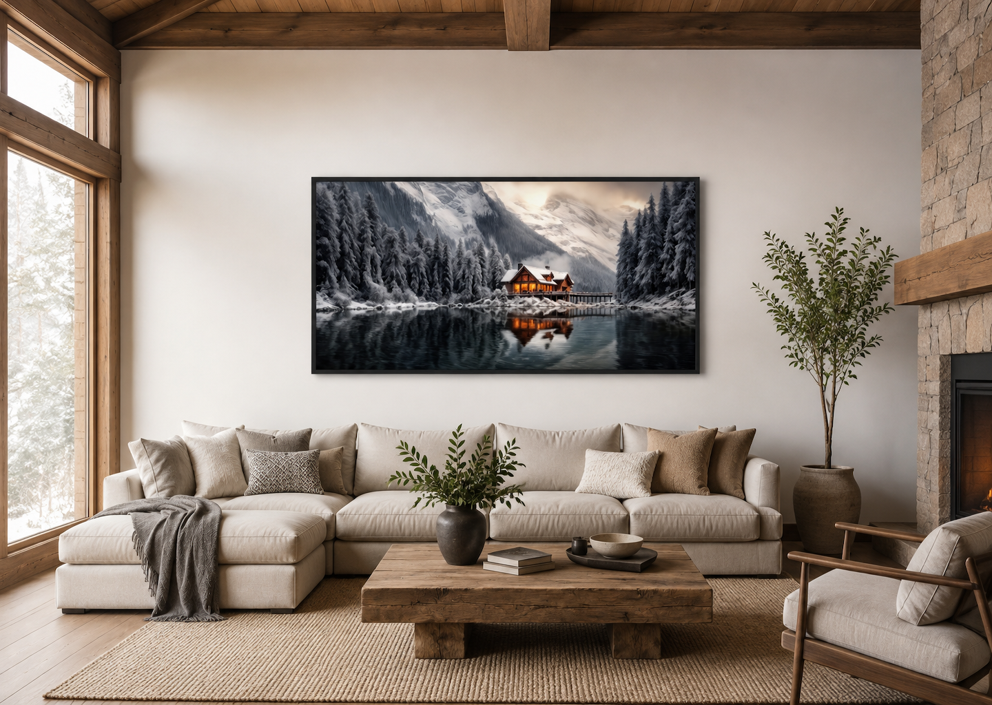 Mountain Cabin Wall Art – Cozy Winter Cabin Print | Framed Canvas Decor