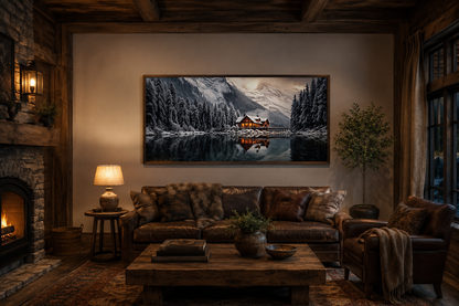 Mountain Cabin Wall Art – Cozy Winter Cabin Print | Framed Canvas Decor