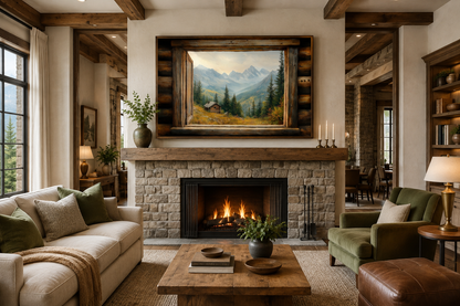 Mountain Cabin Seen Through Open Window Canvas Wall Art