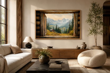 Mountain Cabin Seen Through Open Window Canvas Wall Art