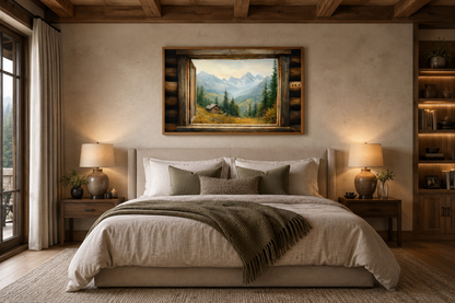 Mountain Cabin Seen Through Open Window Canvas Wall Art