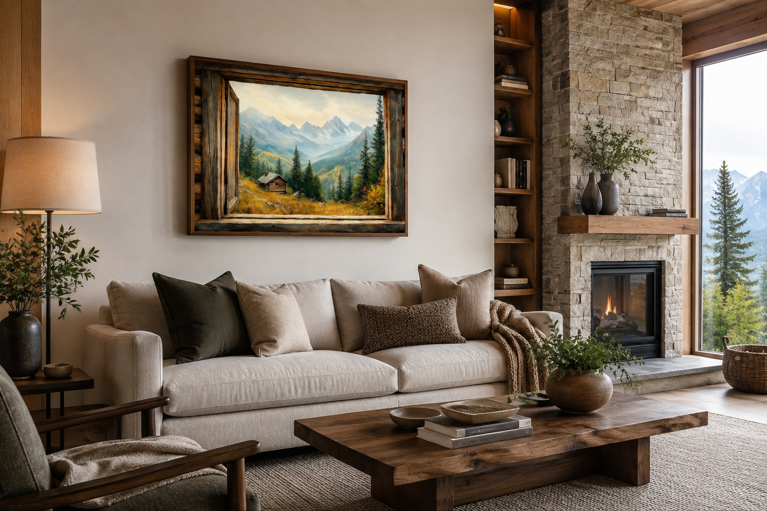Mountain Cabin Seen Through Open Window Canvas Wall Art
