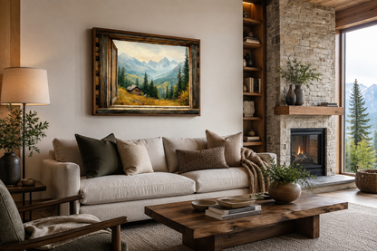 Mountain Cabin Seen Through Open Window Canvas Wall Art