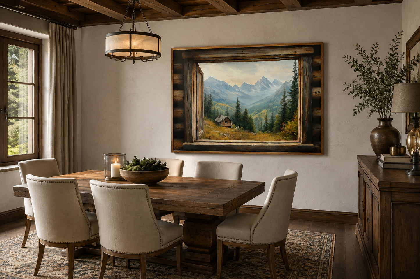 Mountain Cabin Seen Through Open Window Canvas Wall Art