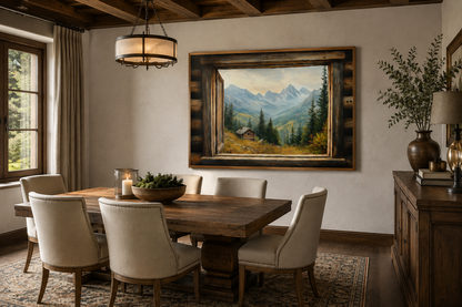 Mountain Cabin Seen Through Open Window Canvas Wall Art
