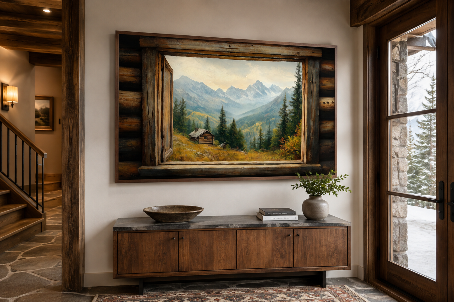 Mountain Cabin Seen Through Open Window Canvas Wall Art