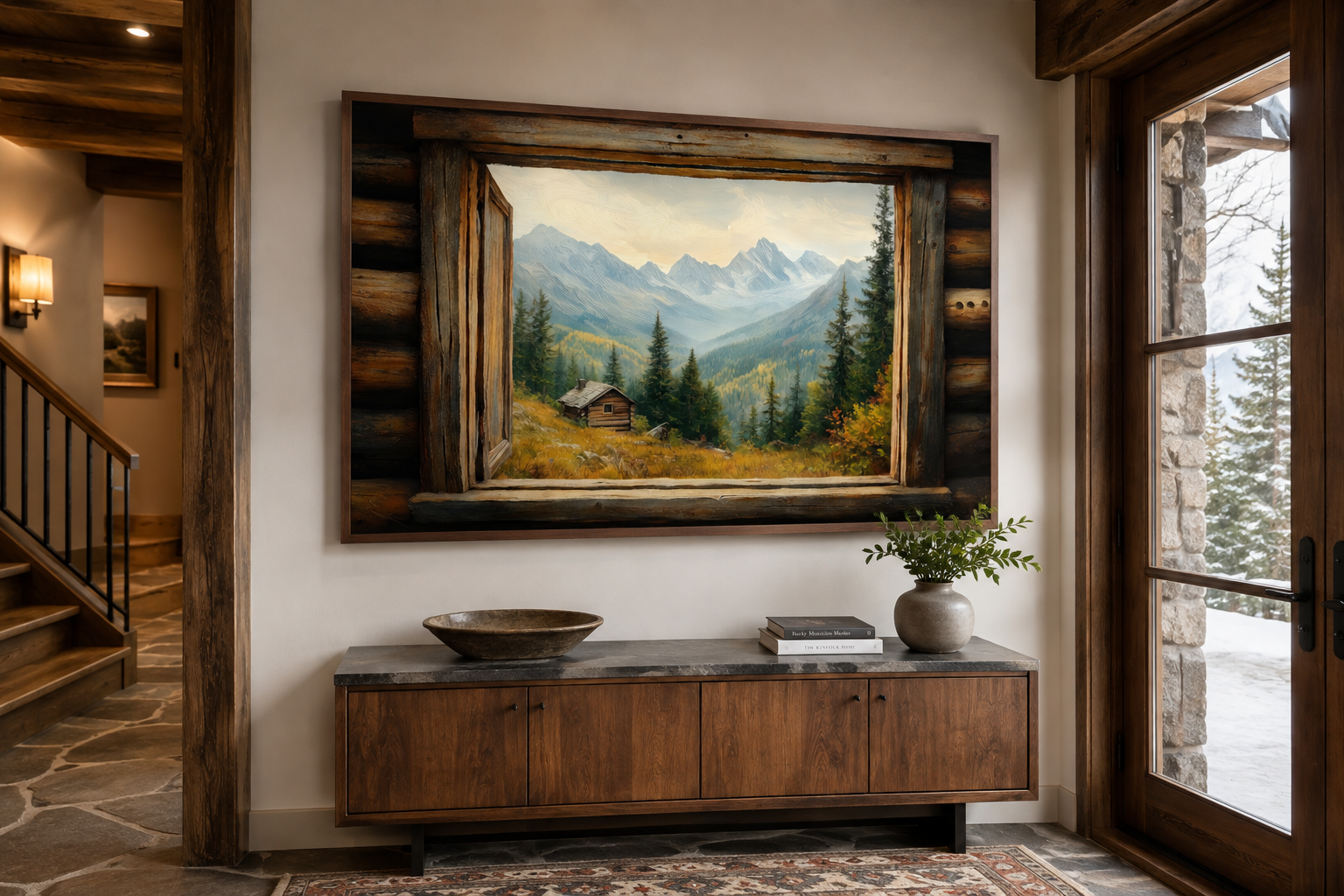 Mountain Cabin Seen Through Open Window Canvas Wall Art