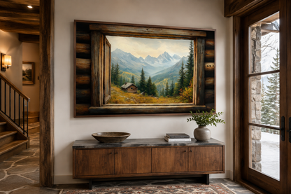 Mountain Cabin Seen Through Open Window Canvas Wall Art