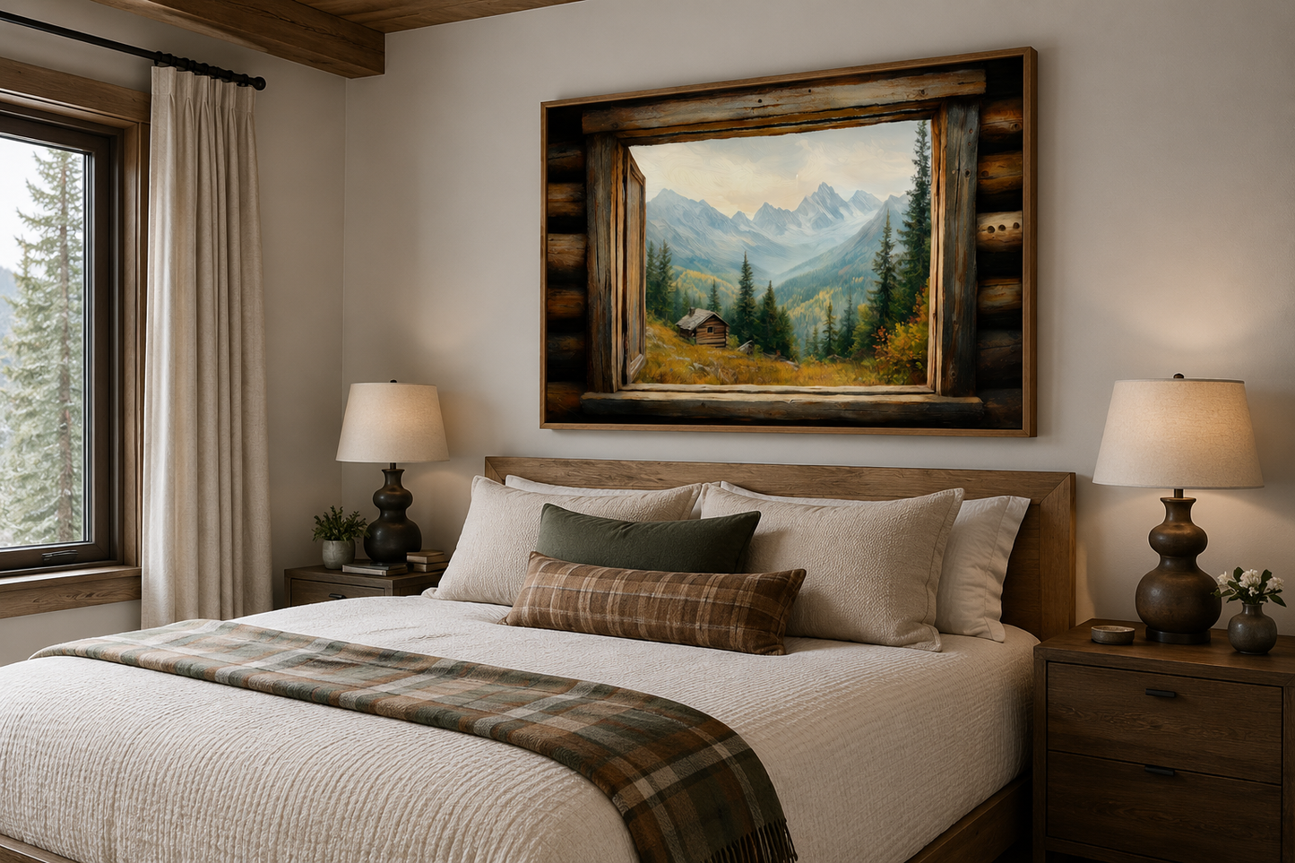 Mountain Cabin Seen Through Open Window Canvas Wall Art