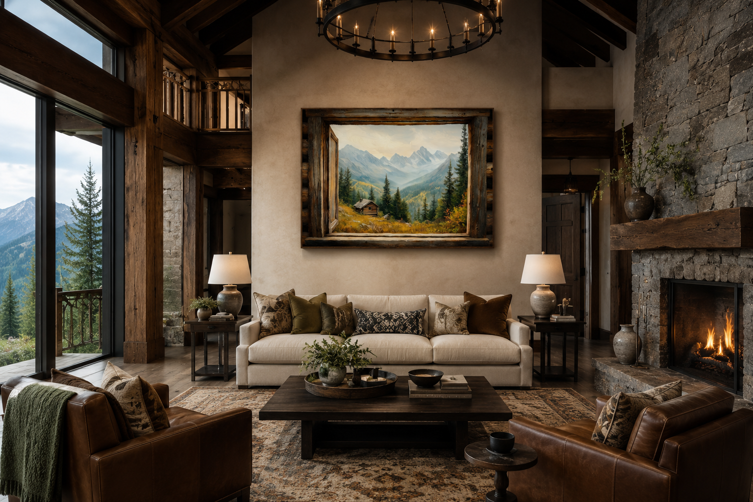 Mountain Cabin Seen Through Open Window Canvas Wall Art