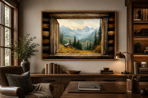 Mountain Cabin Seen Through Open Window Canvas Wall Art