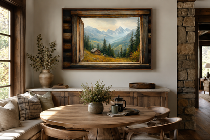 Mountain Cabin Seen Through Open Window Canvas Wall Art