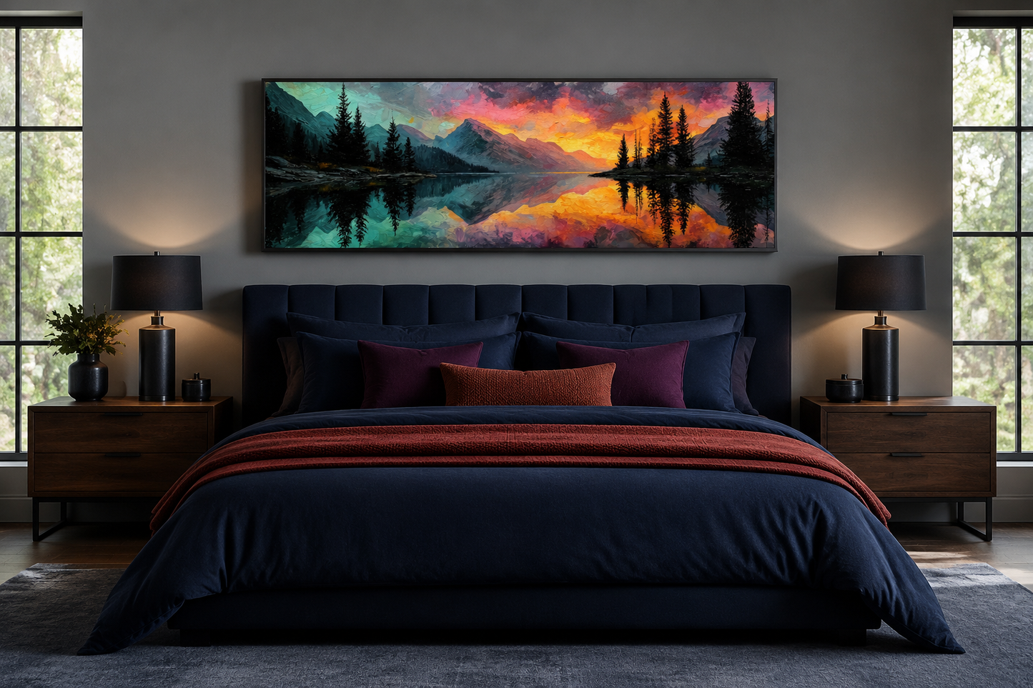 Colorful Mountain Sunset Lake Forest Reflection Long Narrow Wall Art