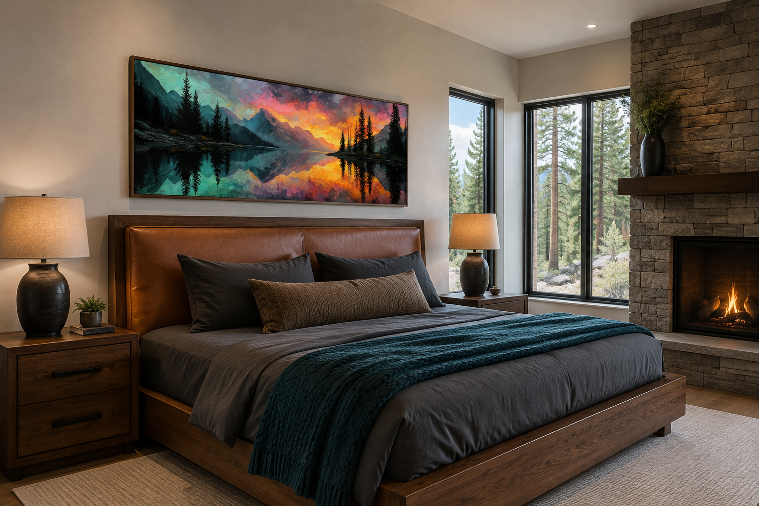 Colorful Mountain Sunset Lake Forest Reflection Long Narrow Wall Art