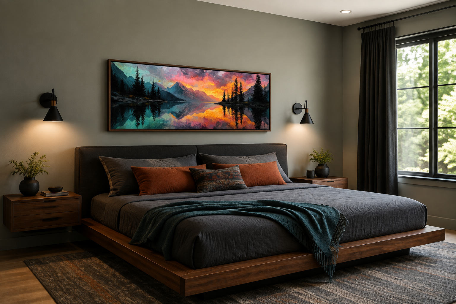 Colorful Mountain Sunset Lake Forest Reflection Long Narrow Wall Art