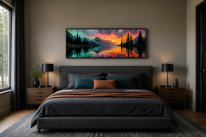 Colorful Mountain Sunset Lake Forest Reflection Long Narrow Wall Art