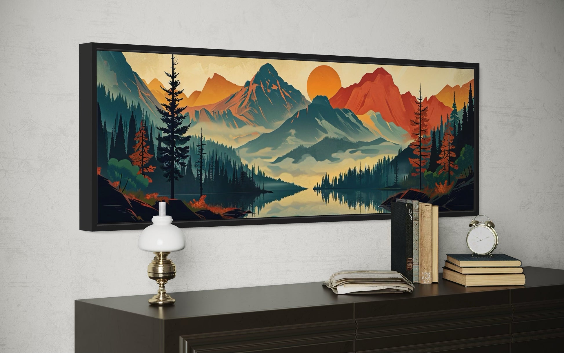 Mountains, Forest And Lake Mid Century Modern Horizontal Landscape Canvas Wall Art