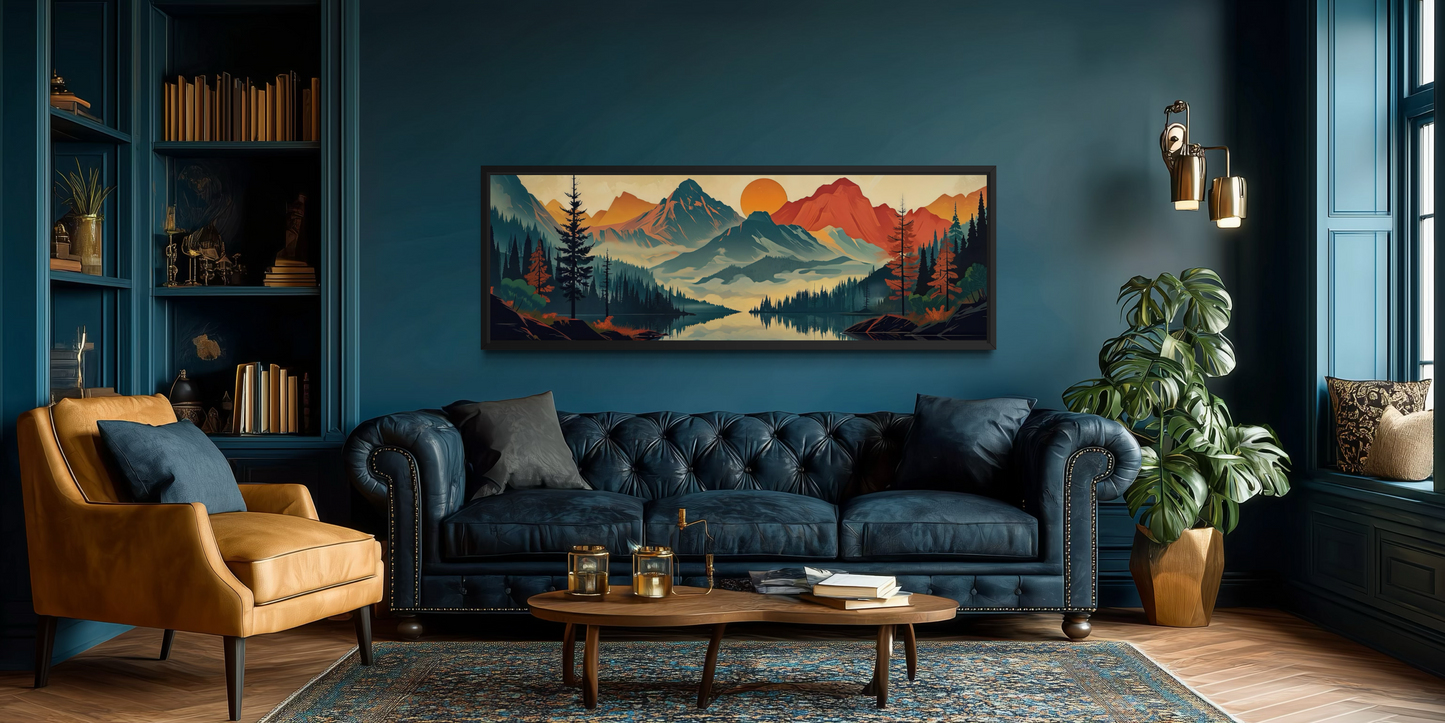 Mountains, Forest And Lake Mid Century Modern Horizontal Landscape Canvas Wall Art