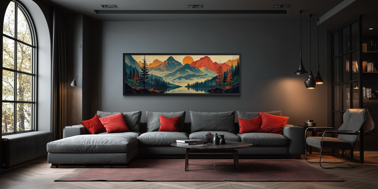 Mountains, Forest And Lake Mid Century Modern Horizontal Landscape Canvas Wall Art