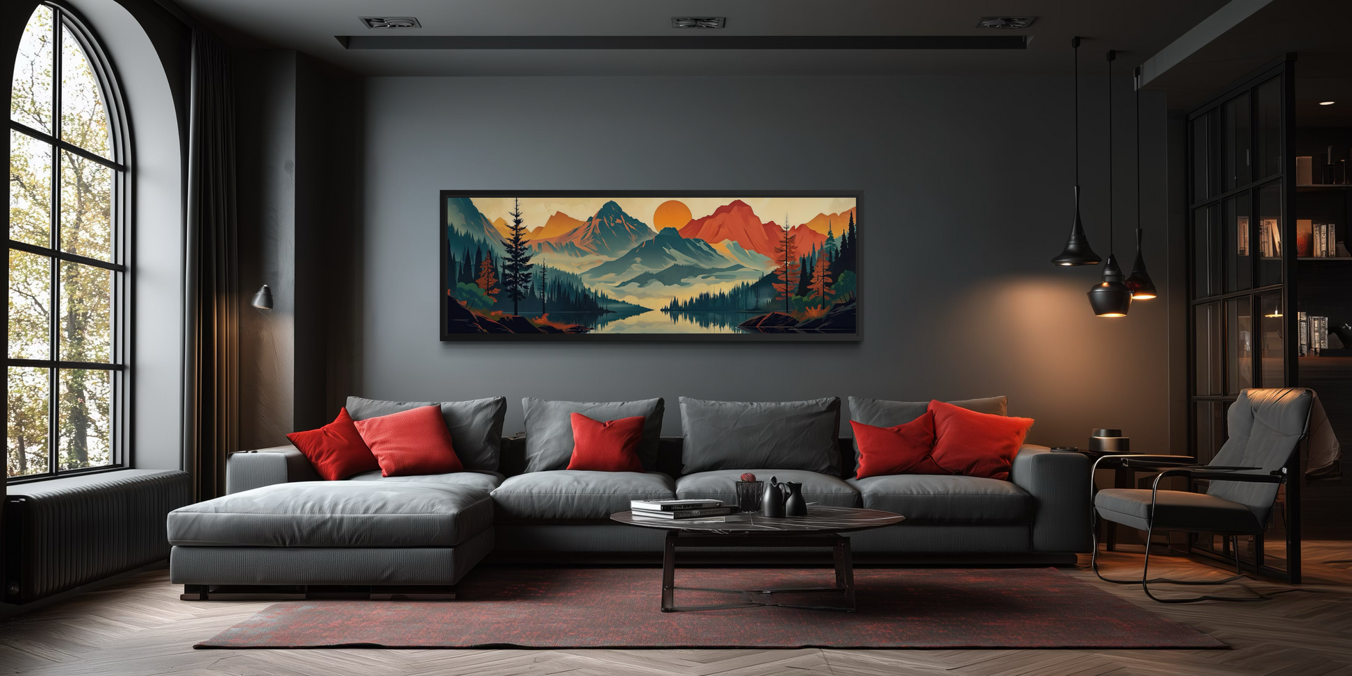 Mountains, Forest And Lake Mid Century Modern Horizontal Landscape Canvas Wall Art