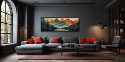 Mountains, Forest And Lake Mid Century Modern Horizontal Landscape Canvas Wall Art