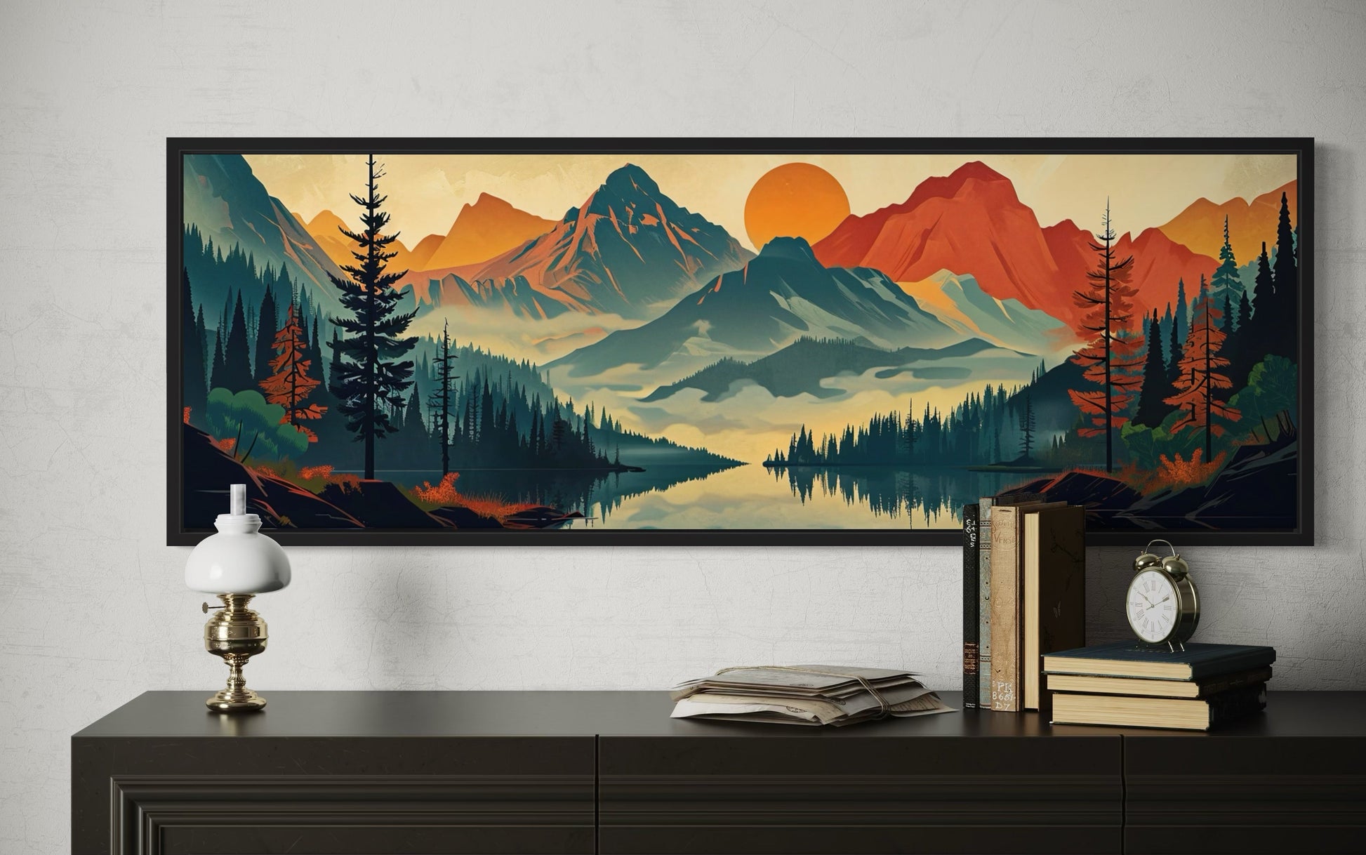 Mountains, Forest And Lake Mid Century Modern Horizontal Landscape Canvas Wall Art