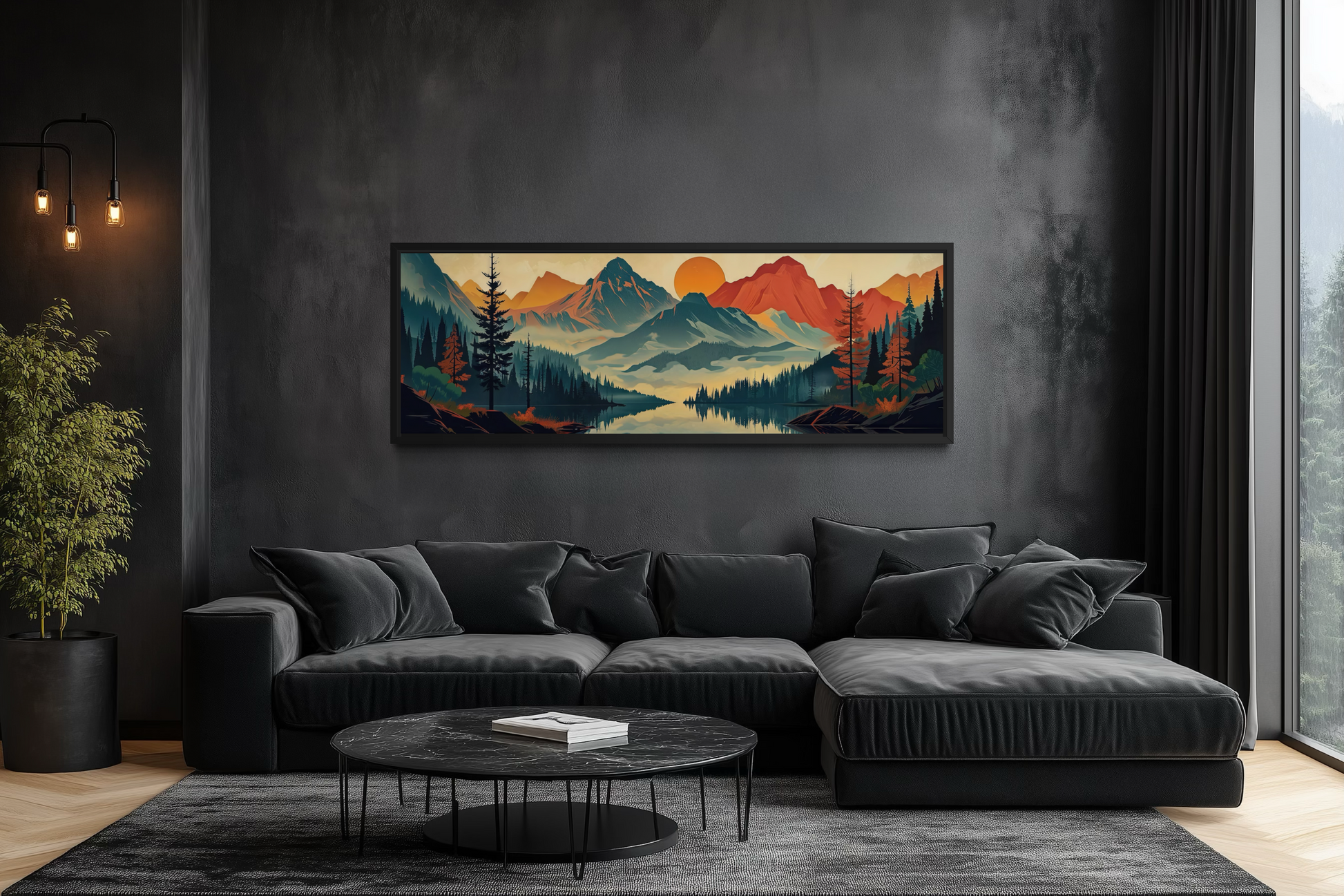 Mountains, Forest And Lake Mid Century Modern Horizontal Landscape Canvas Wall Art