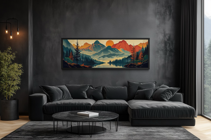 Mountains, Forest And Lake Mid Century Modern Horizontal Landscape Canvas Wall Art