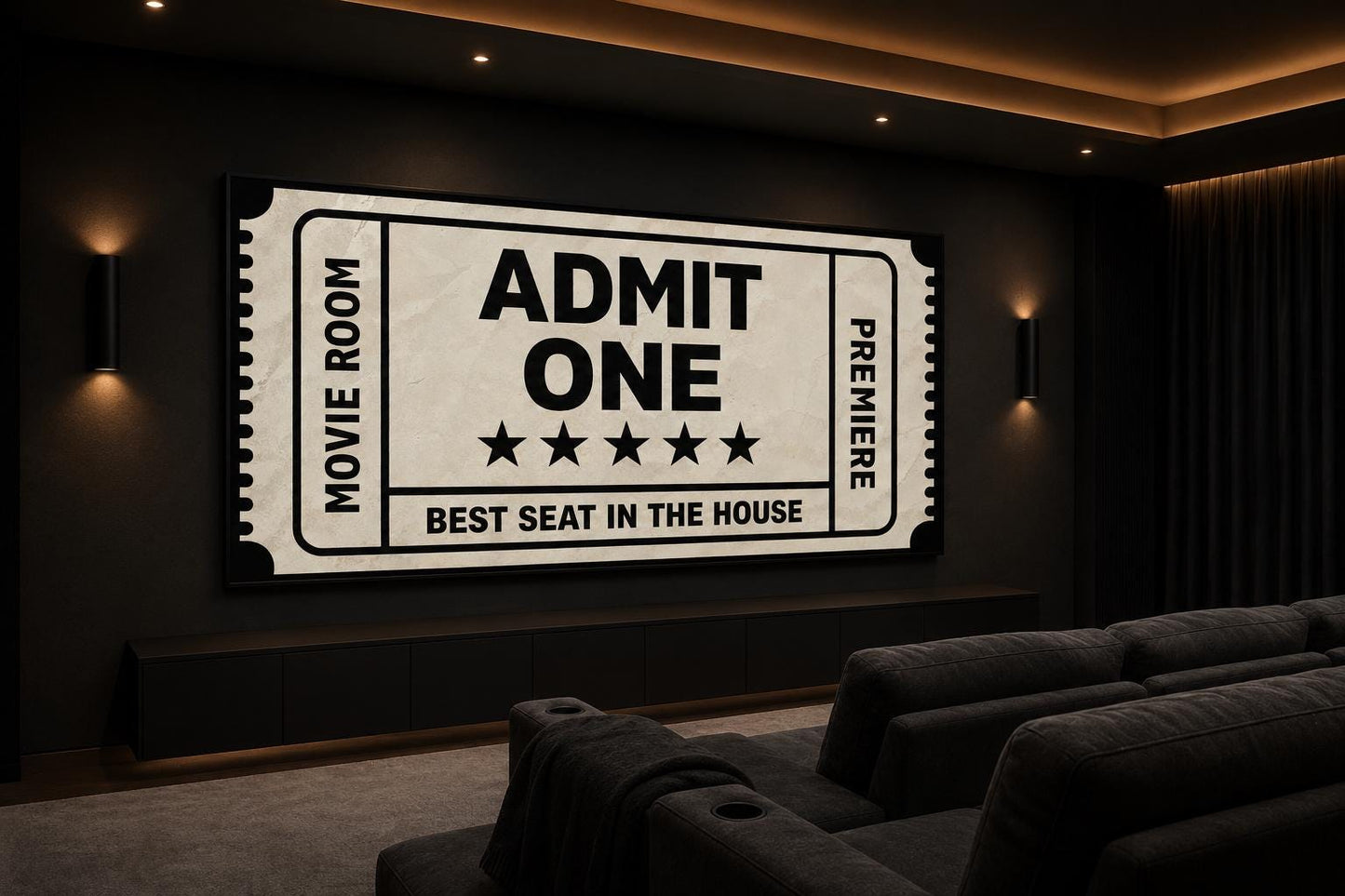 Movie Ticket Wall Art - Admit One Best Seat Sign | Black Beige Canvas Print For Movie Room Decor