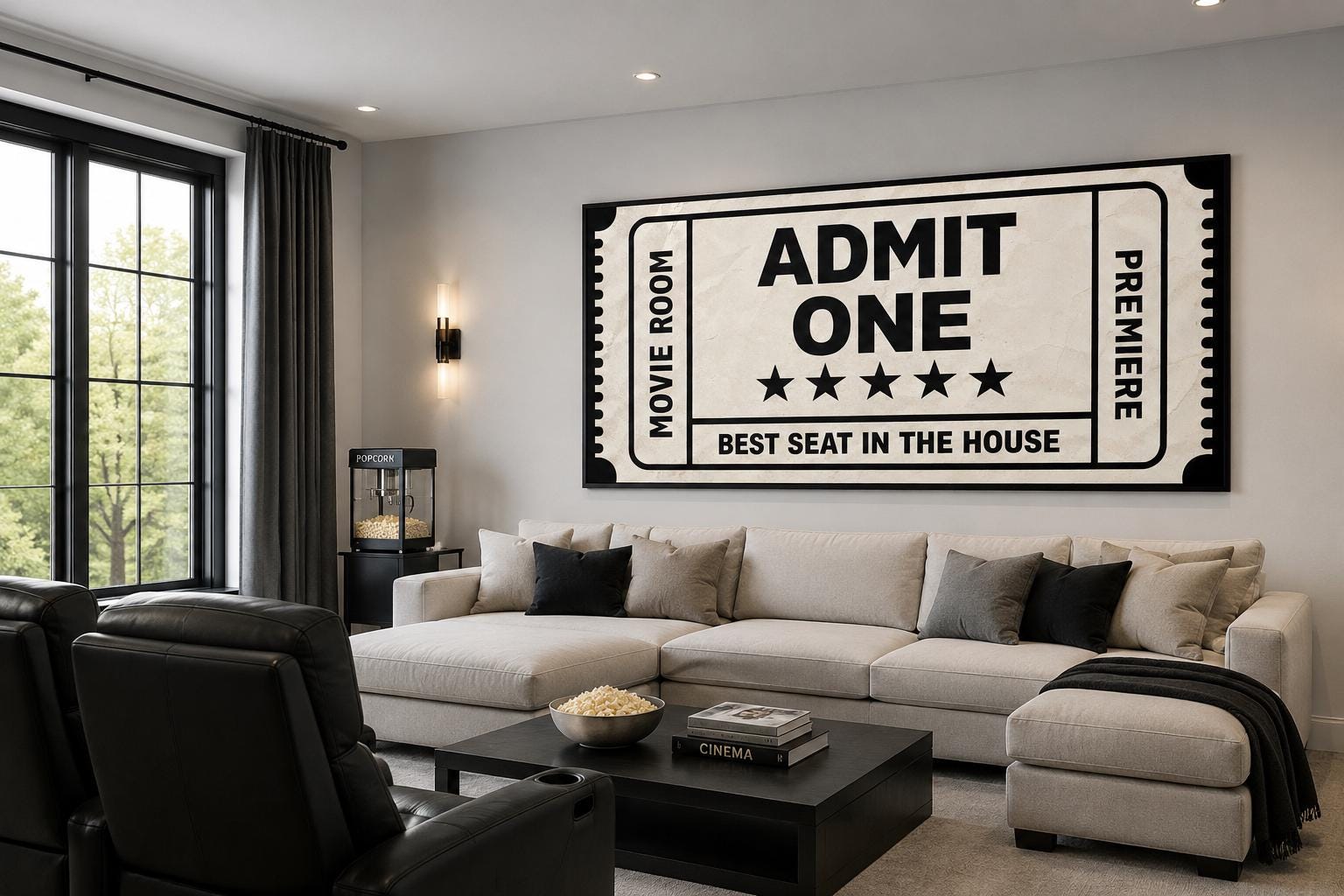 Movie Ticket Wall Art - Admit One Best Seat Sign | Black Beige Canvas Print For Movie Room Decor