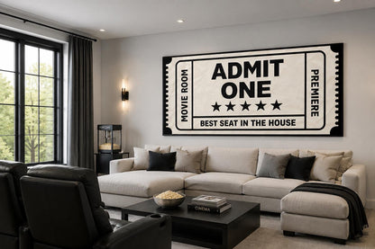 Movie Ticket Wall Art - Admit One Best Seat Sign | Black Beige Canvas Print For Movie Room Decor