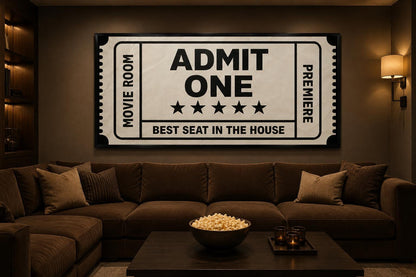 Movie Ticket Wall Art - Admit One Best Seat Sign | Black Beige Canvas Print For Movie Room Decor