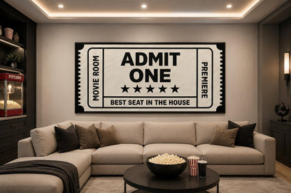 Movie Ticket Wall Art - Admit One Best Seat Sign | Black Beige Canvas Print For Movie Room Decor