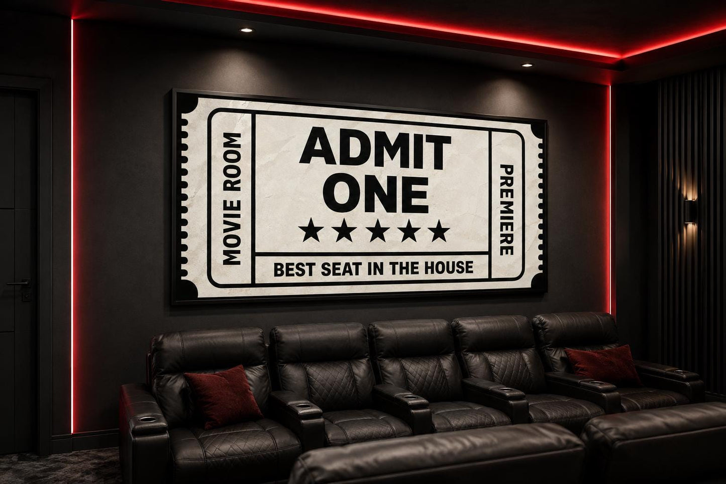 Movie Ticket Wall Art - Admit One Best Seat Sign | Black Beige Canvas Print For Movie Room Decor