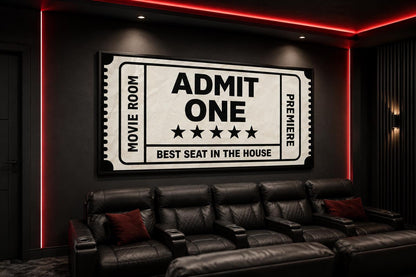 Movie Ticket Wall Art - Admit One Best Seat Sign | Black Beige Canvas Print For Movie Room Decor