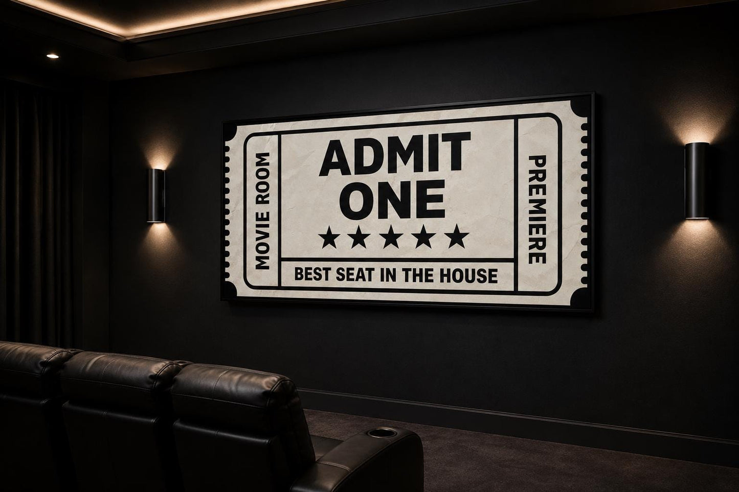 Movie Ticket Wall Art - Admit One Best Seat Sign | Black Beige Canvas Print For Movie Room Decor