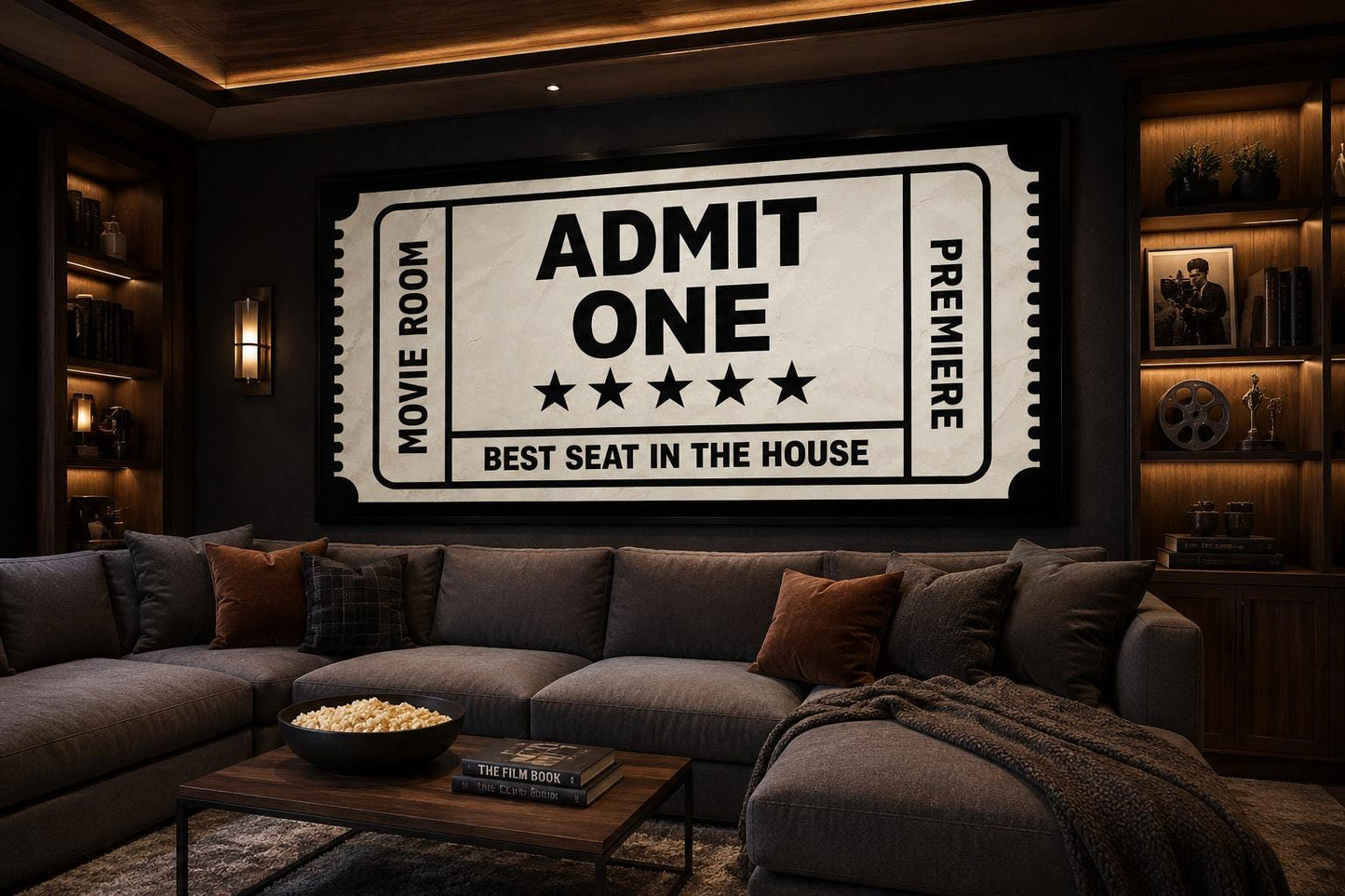 Movie Ticket Wall Art - Admit One Best Seat Sign | Black Beige Canvas Print For Movie Room Decor