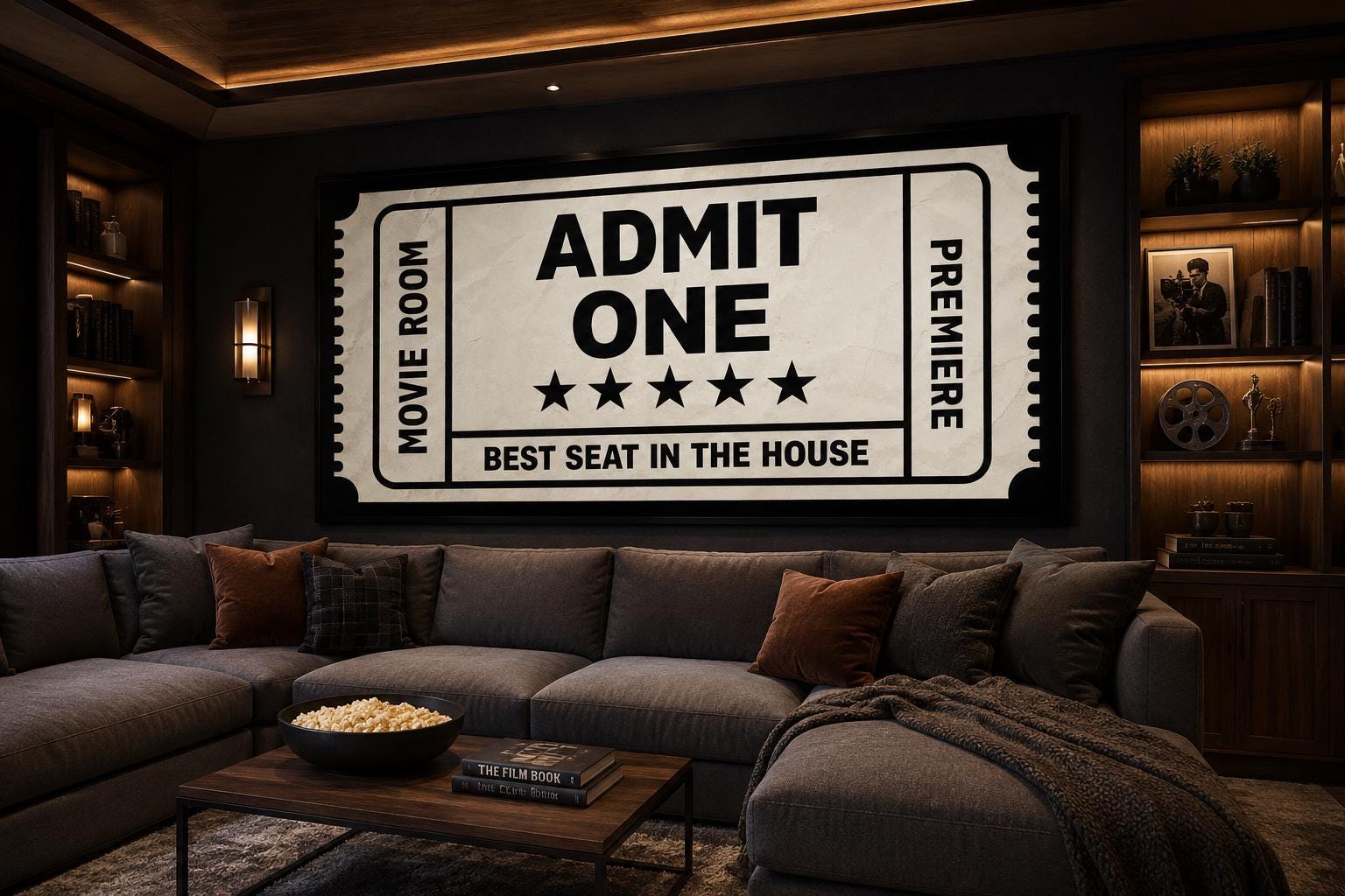 Movie Ticket Wall Art - Admit One Best Seat Sign | Black Beige Canvas Print For Movie Room Decor