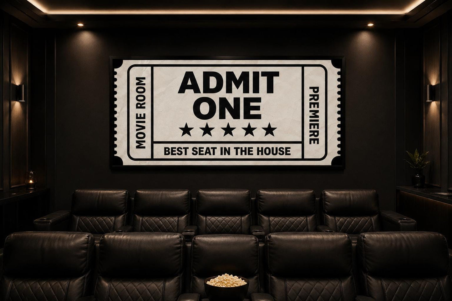 Movie Ticket Wall Art - Admit One Best Seat Sign | Black Beige Canvas Print For Movie Room Decor