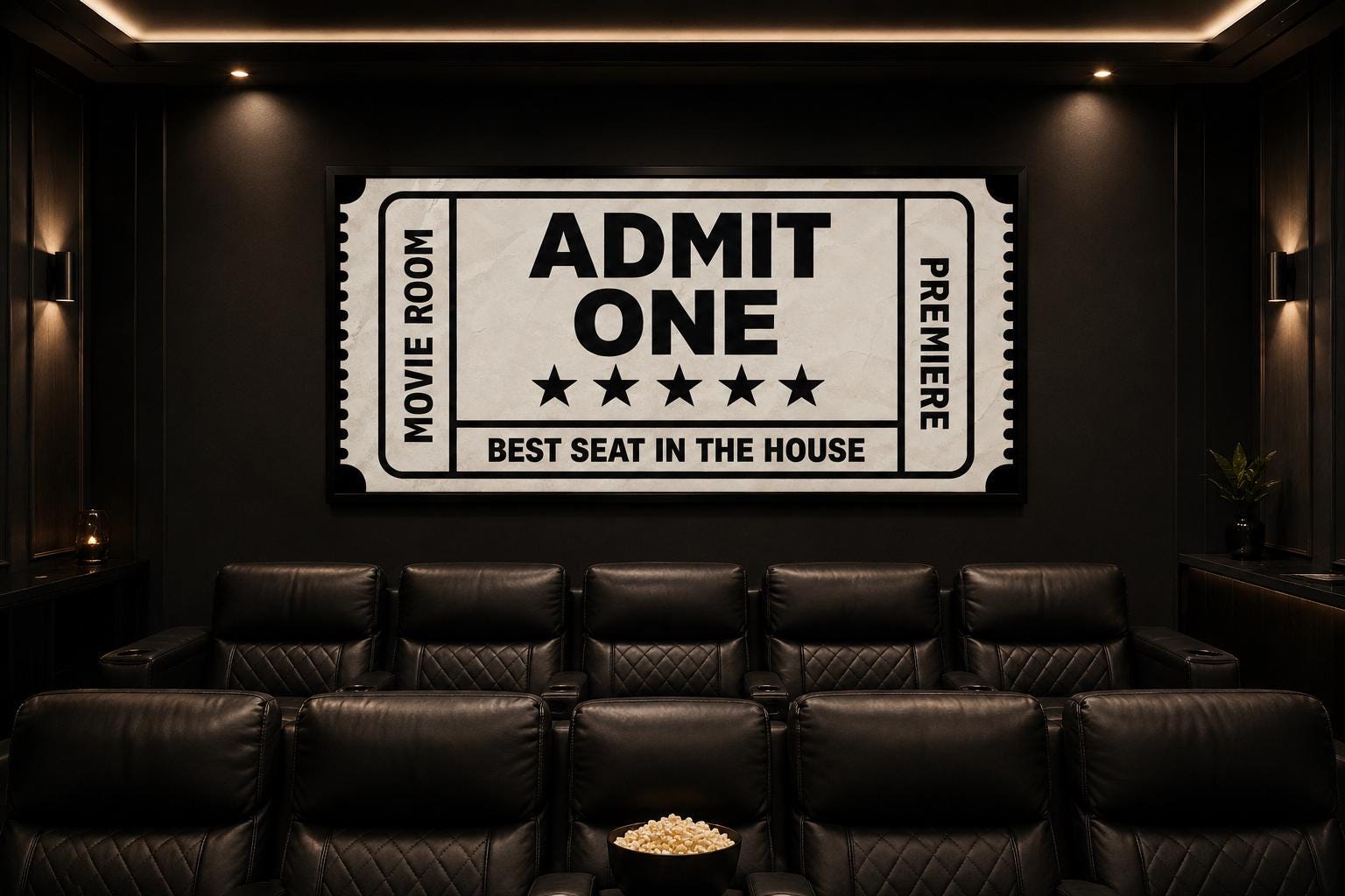 Movie Ticket Wall Art - Admit One Best Seat Sign | Black Beige Canvas Print For Movie Room Decor