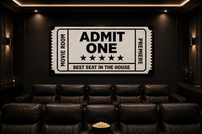 Movie Ticket Wall Art - Admit One Best Seat Sign | Black Beige Canvas Print For Movie Room Decor