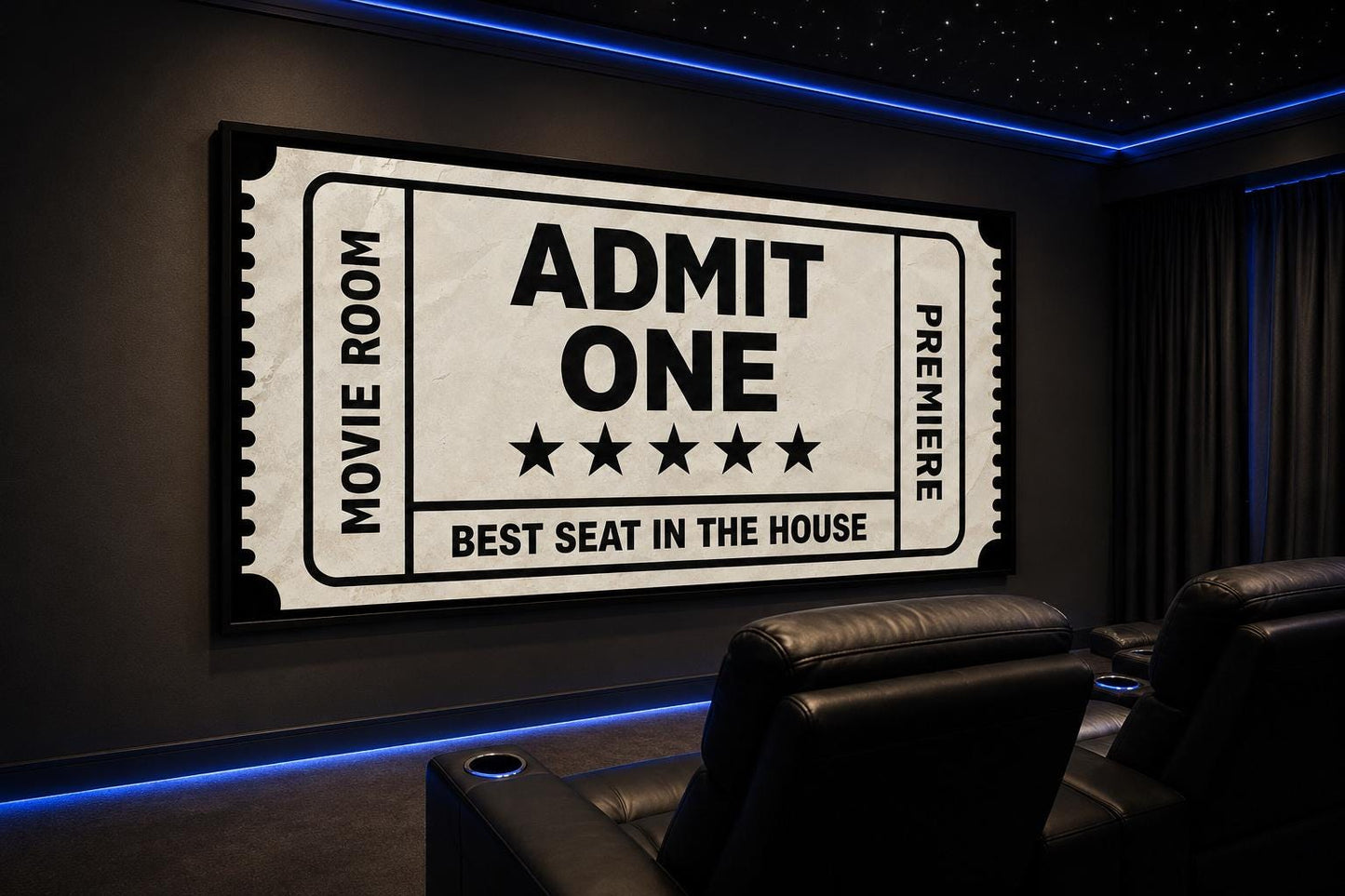 Movie Ticket Wall Art - Admit One Best Seat Sign | Black Beige Canvas Print For Movie Room Decor