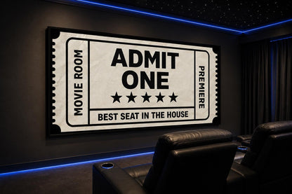 Movie Ticket Wall Art - Admit One Best Seat Sign | Black Beige Canvas Print For Movie Room Decor