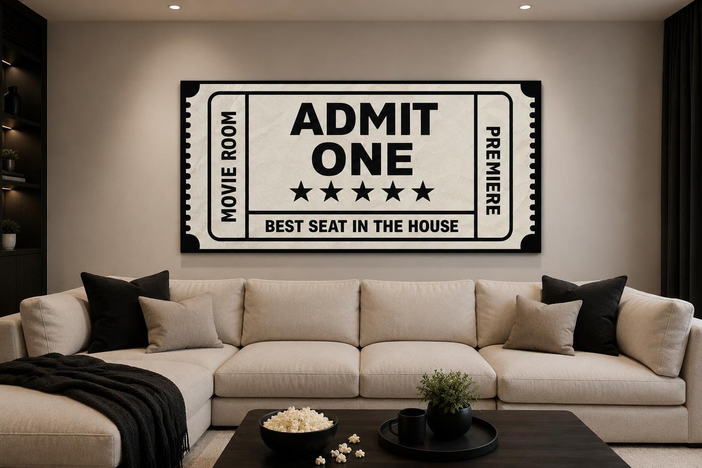 Movie Ticket Wall Art - Admit One Best Seat Sign | Black Beige Canvas Print For Movie Room Decor