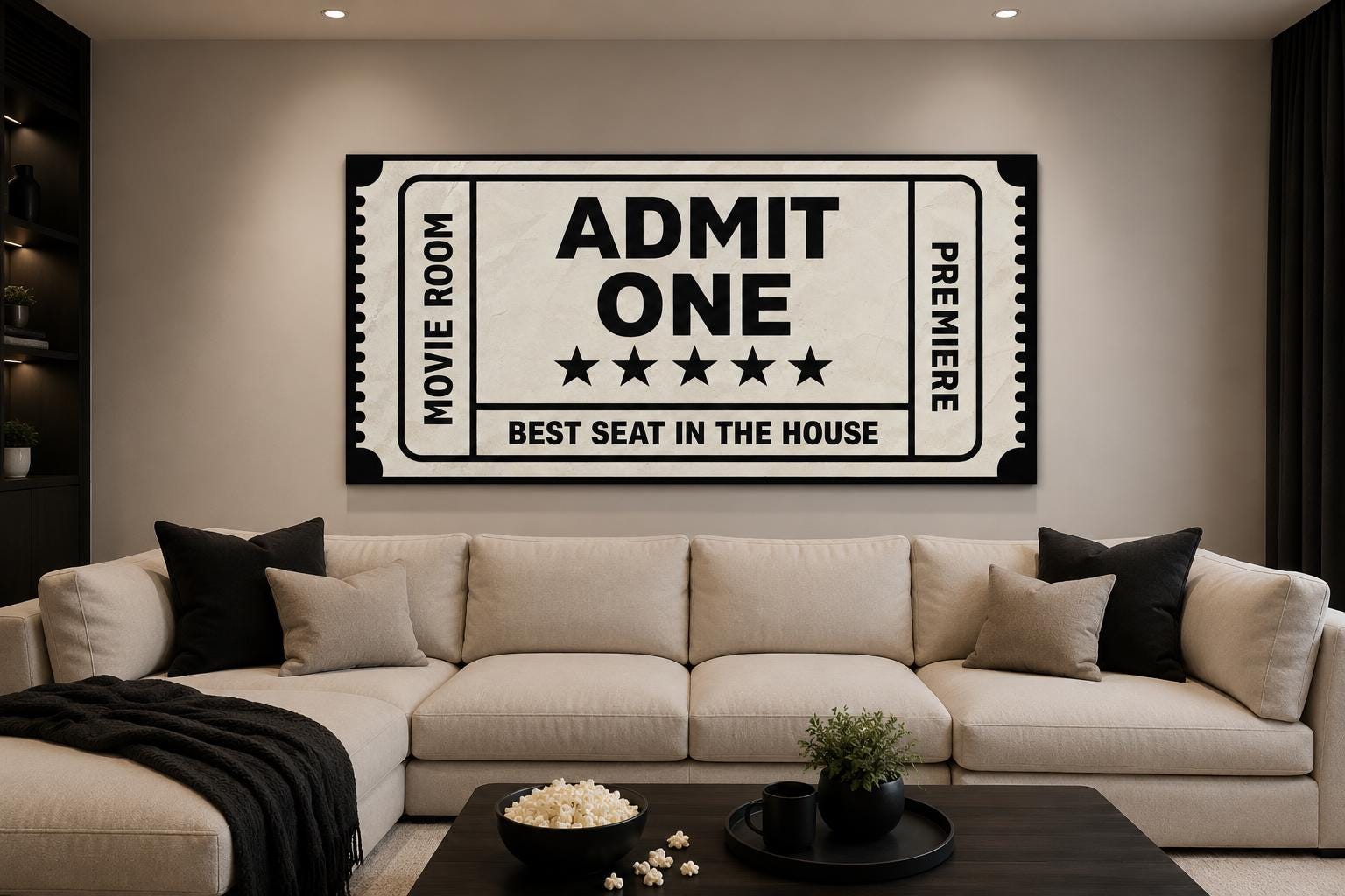 Movie Ticket Wall Art - Admit One Best Seat Sign | Black Beige Canvas Print For Movie Room Decor